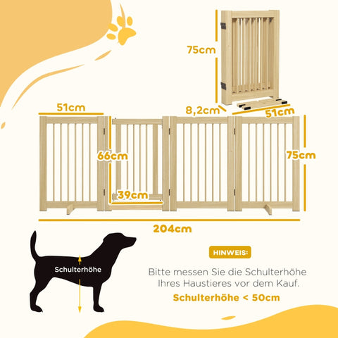Rootz Wooden Dog Gate with Door - Pet Barrier - Folding Panels - Solid Pine Wood - 204cm x 36cm x 75cm