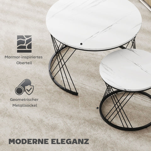 Rootz 2 Piece Set Couch Tables - Round Coffee Table - Marble Look Living Room Tables - Space Saving - Ø70 x 46.5cm & Ø44 x 39cm