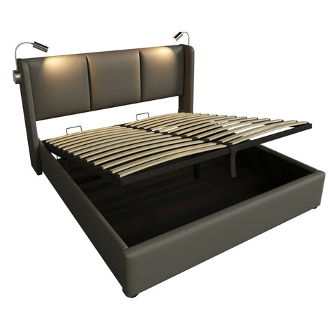Rootz Double Bed with Storage - Spacious Bed - Cozy Sleeping - Integrated Reading Lamp - Solid Wood - 206L x 165W x 107H cm