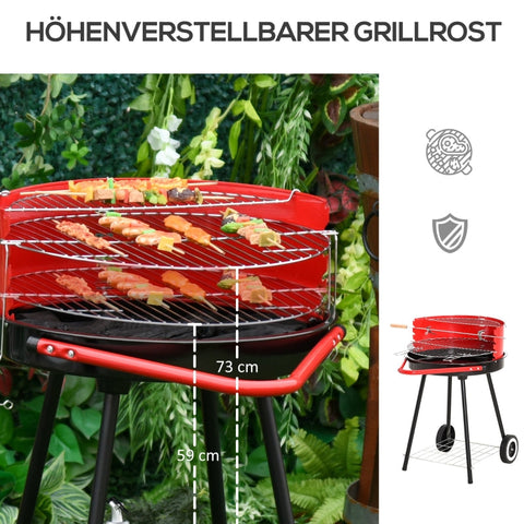 Rootz Houtskoolgrill - Ronde Grill - Staande Grill op Wielen - Verstelbaar Grillrooster - Stevige Metalen Constructie - Mobiel Ontwerp - L51 x B70 x H75,5 cm