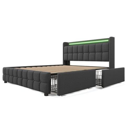 Rootz Modern Double Bed - LED Light Bed - USB Charging Bed - Functional Design - 144.5cm x 220cm x 103.5cm