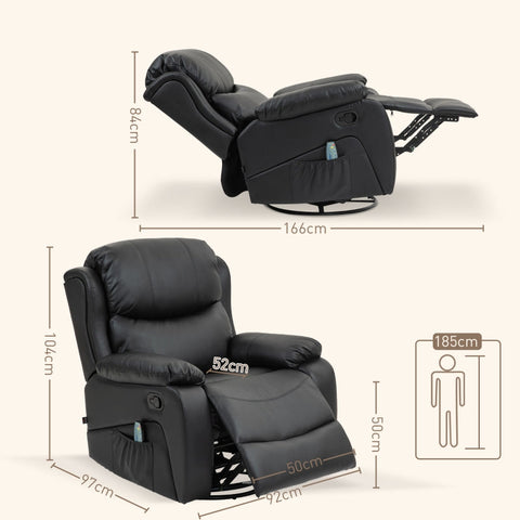Rootz TV Armchair with Massage Function - Heated Cinema Chair - 360° Rotation - Rocker Recliner - 8 Massage Points - Thick Padding - Remote Control - 97cm x 92cm x 104cm