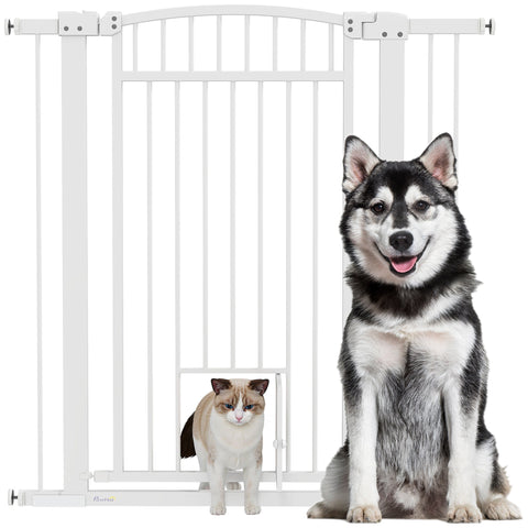 Rootz Pet Protection Fence - Pet Barrier - Safety Gate - Durable Steel - Adjustable Width 76-104cm with Cat Door, White