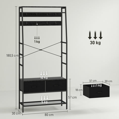 Rootz Cloakroom Stand with Shoe Shelf - Clothes Organizer - Industrial Design Rack - Easy-Access Storage - 80cm x 30cm x 180.5cm - Black