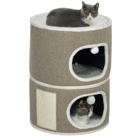 Rootz 3 Tier Cat Barrel with Cushion - Cat House - Cat Tower - Enhance Comfort - Ø51cm x 69cm, Brown- White