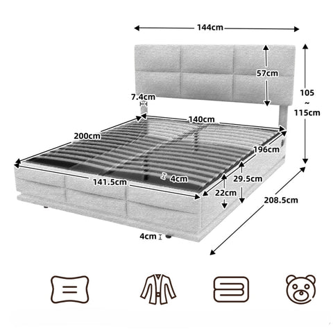 Rootz Modern Double Bed - Space Gray Velvet - LED Light Bed - USB Charging Bed - Ample Storage - 208.5cm x 144cm x 105-115cm