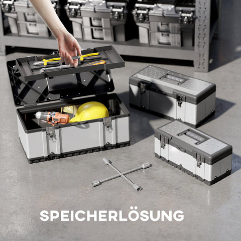 Rootz 3-Part Toolbox Set - Stainless Steel Storage - Portable Organizer - Durable & Shockproof - 39.5cm x 18.5cm x 17cm, 47cm x 23.8cm x 20.3cm, 58.2cm x 29.8cm x 25.5cm
