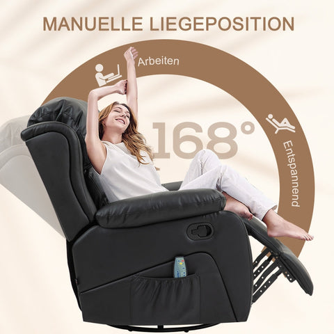 Rootz TV Armchair with Massage Function - Heated Cinema Chair - 360° Rotation - Rocker Recliner - 8 Massage Points - Thick Padding - Remote Control - 97cm x 92cm x 104cm