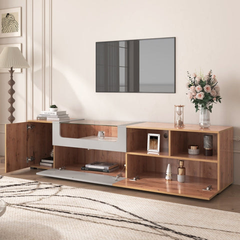 Rootz TV Cabinet - Entertainment Center - Media Stand - Ample Storage - 190cm x 40cm x 48cm - LED Lights - Glass Top - Rustic Modern Design