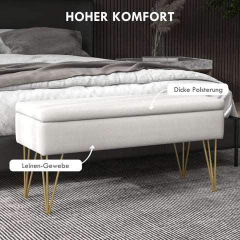 Rootz Bed Bench with Storage Space - Bedroom Bench - Ottoman - Cream Fabric - Gold Hairpin Legs - 100cm x 40cm x 49cm