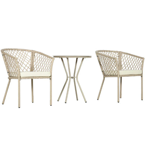 Rootz Garden Furniture Set - 2 Chairs - Table Tempered - Glass Table Top - Seat Cushions - PE Rattan - Seat Pads - Metal Frame - PE Rattan-Steel-Polyester - Khaki - 48W x 49D cm