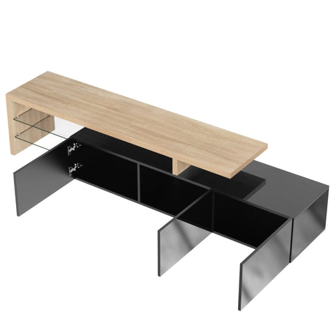 Rootz Elegant TV Cabinet - High Gloss Black - Wood Look - Glass Shelves - LED Lighting - 197.5L x 39W x 42H cm