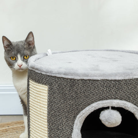 Rootz Cat Cave - 2 Tier Cat House - Plush Cushion - Sisal Scratching - Soft & Cozy Retreat - Ø40 x 30H cm - Grey
