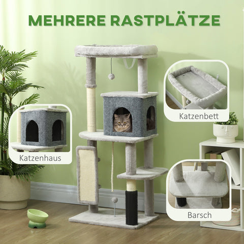 Rootz 52" Cat Tree - Activity Scratching Post - Play Center - Sisal for Claw Care - 55L x 44W x 132H cm - Grey