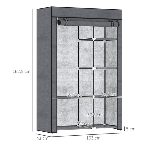 Rootz Fabric Cabinet - Storage Solution - Organizer - Dust Protection - 103x43x162.5cm - 6 Shelves & Clothes Rail - Grey
