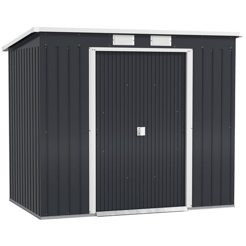 Rootz Tool Shed - Garden Storage House - Outdoor Organizer - Ventilated, Weatherproof - Galvanized Steel, Sliding Doors, 213x130x172cm, Grey and White