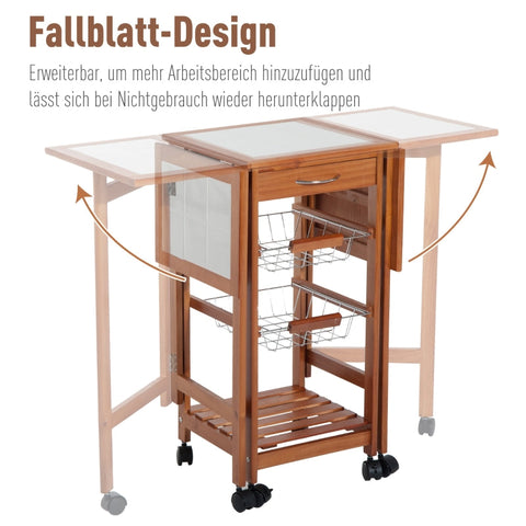 Rootz Serving Trolley - Rolling Kitchen Cart - Mobile Storage Unit - Foldable Work Surface - Easy-Care Ceramic Top - 91cm x 37cm x 75cm