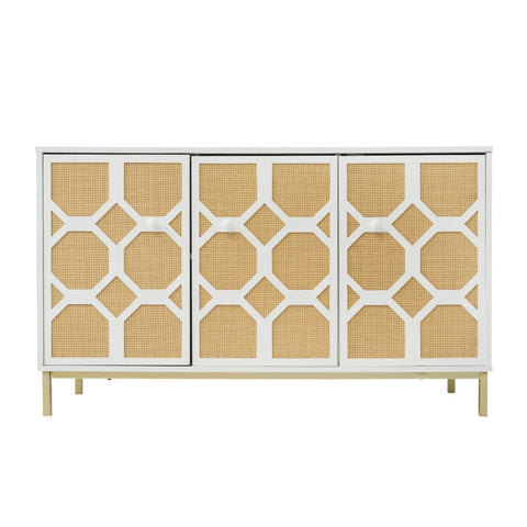 Rootz 3 Door Sideboard Cabinet - Storage Unit - Rattan Buffet - Adjustable Shelves - Stylish Gold Feet - 120L x 40W x 71.5H cm