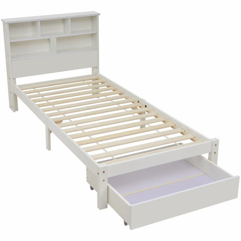 Rootz Solid Wood Single Bed - Storage Bed - Bookcase Headboard - Sturdy & Stylish - 219cm x 100cm x 93cm