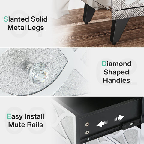 Rootz Mirrored Nightstand - Bedside Table - Crystal Drawers - 3-Drawer Storage - 35 cm D x 45 cm W x 60 cm H