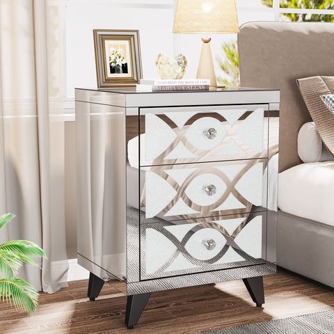 Rootz Mirrored Nightstand - Bedside Table - Crystal Drawers - 3-Drawer Storage - 35 cm D x 45 cm W x 60 cm H