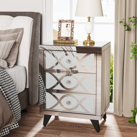 Rootz Mirrored Nightstand - Bedside Table - Crystal Drawers - 3-Drawer Storage - 35 cm D x 45 cm W x 60 cm H