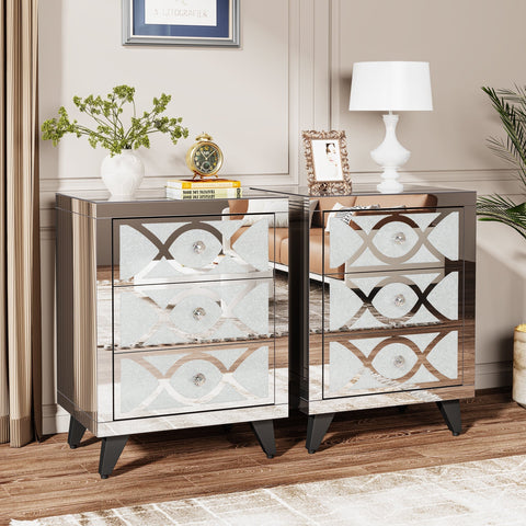 Rootz Mirrored Nightstand - Bedside Table - Crystal Drawers - 3-Drawer Storage - 35 cm D x 45 cm W x 60 cm H