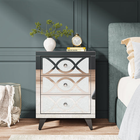 Rootz Mirrored Nightstand - Bedside Table - Crystal Drawers - 3-Drawer Storage - 35 cm D x 45 cm W x 60 cm H