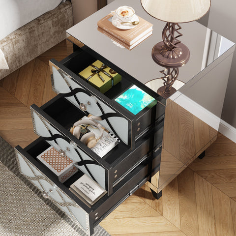 Rootz Mirrored Nightstand - Bedside Table - Crystal Drawers - 3-Drawer Storage - 35 cm D x 45 cm W x 60 cm H