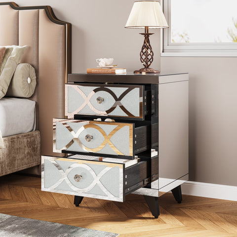 Rootz Mirrored Nightstand - Bedside Table - Crystal Drawers - 3-Drawer Storage - 35 cm D x 45 cm W x 60 cm H