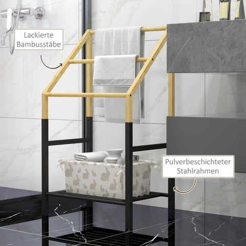 Rootz Bamboo Towel Holder - Freestanding Towel Stand - 3-Bar Design - Storage Shelf - Natural Wood - 51cm x 31cm x 85.5cm