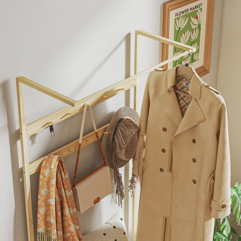 Rootz Wardrobe with Shoe Bench - Clothes Rail - Hall Tree - Bamboo Storage - 73.5cm x 34cm x 171cm