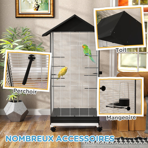 Rootz Freestanding Bird Cage on Wheels - Aviary - Pet Enclosure - Easy Mobility - 79 x 65 x 155 cm Steel Wire, Black
