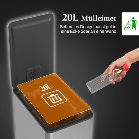 Rootz 20L Trash Can with Lid - Stainless Steel - Fingerprint-Proof - Kitchen Garbage Bin - Odor-Free Closure - 21.5cm x 37.2cm x 57cm