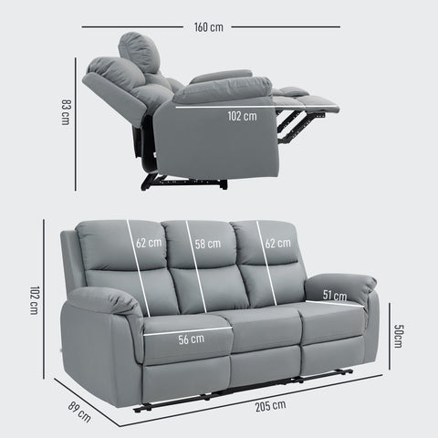 Rootz 3-Seater Sofa - Couch - Lounge Sofa - Comfortable Support - Grey Synthetic Leather - 205cm x 89cm x 102cm