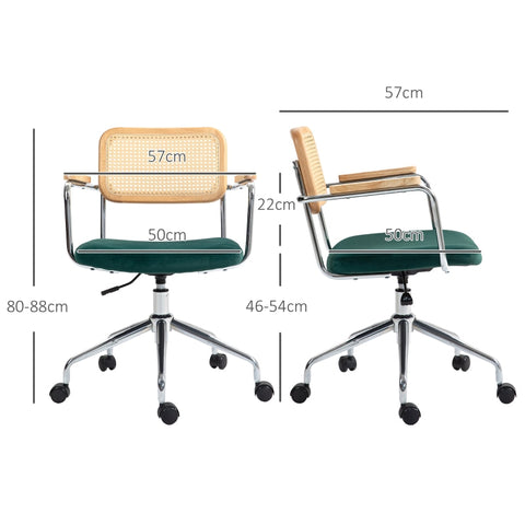 Rootz Boho Chic Office Chair - Desk Chair - Computer Chair - Faux Rattan Backrest - Velvet-Look Seat - High-Density Padding - 57cm x 57cm x 80-88cm