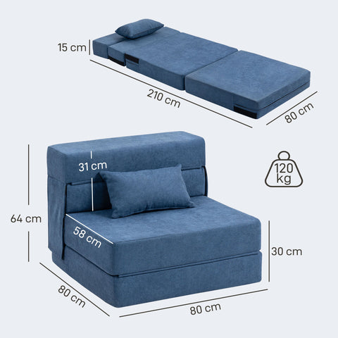 Rootz Blue Floor Sofa - Upholstered Couch - Convertible Mattress - First-Class Comfort - 210cm x 80cm x 15cm