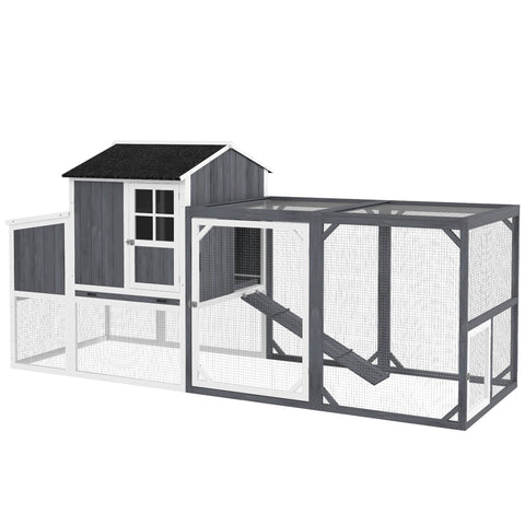 Rootz Chicken Coop with Run - Poultry House - Fir Wood - Secure Nesting Box - 236.5cm x 91cm x 114cm - Ideal for 3-4 Chickens - Grey