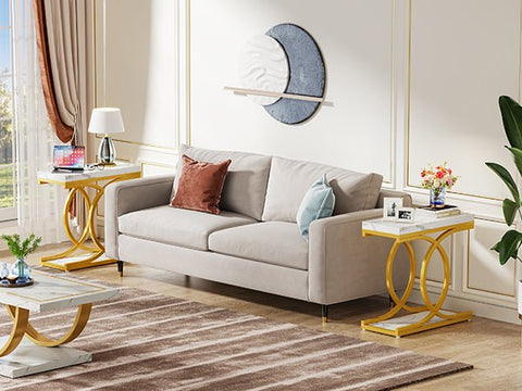 Rootz Modern Side Table - End Table - Faux Marble Top - Space-saving Design, 30 cm D x 60 cm W x 65 cm H