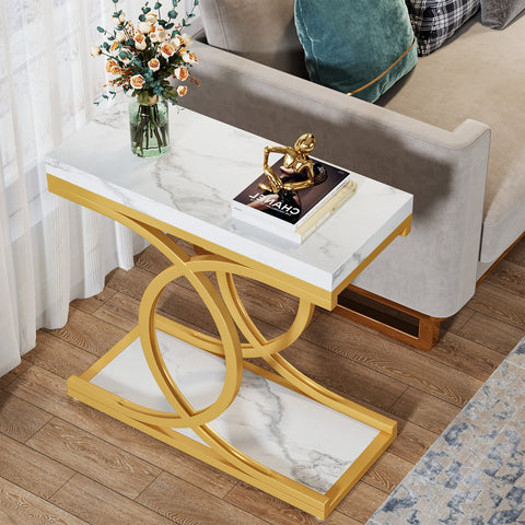 Rootz Modern Side Table - End Table - Faux Marble Top - Space-saving Design, 30 cm D x 60 cm W x 65 cm H