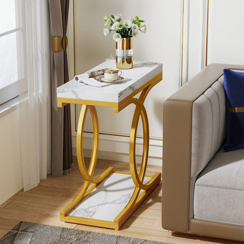 Rootz Modern Side Table - End Table - Faux Marble Top - Space-saving Design, 30 cm D x 60 cm W x 65 cm H