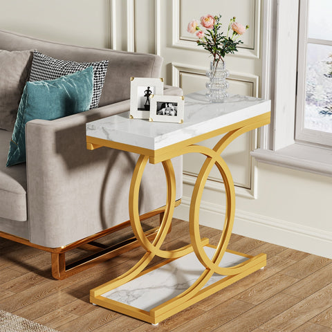 Rootz Modern Side Table - End Table - Faux Marble Top - Space-saving Design, 30 cm D x 60 cm W x 65 cm H