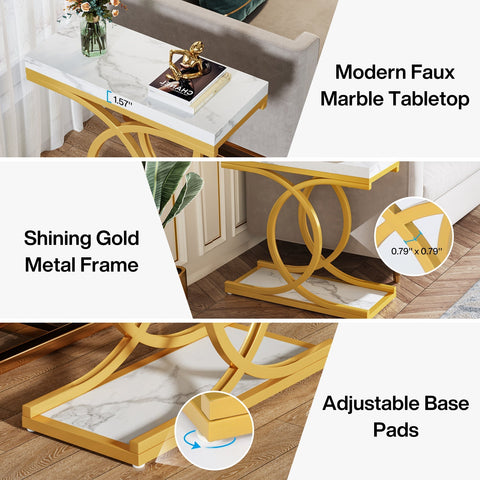 Rootz Modern Side Table - End Table - Faux Marble Top - Space-saving Design, 30 cm D x 60 cm W x 65 cm H