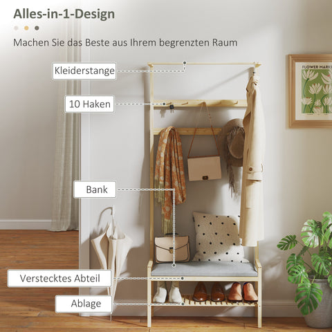 Rootz Wardrobe with Shoe Bench - Clothes Rail - Hall Tree - Bamboo Storage - 73.5cm x 34cm x 171cm