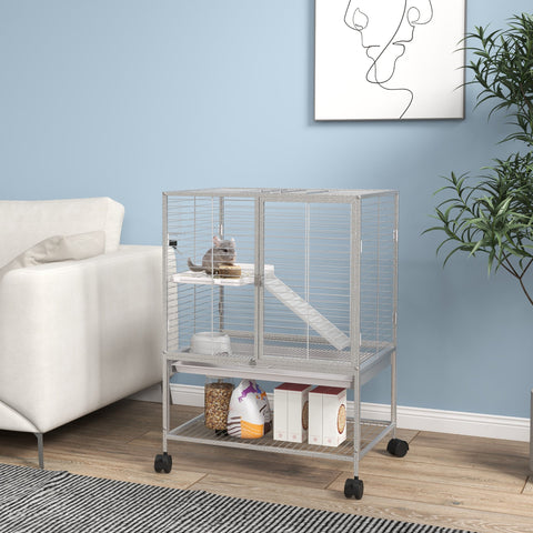Rootz Cage for Small Animals - Mobile Habitat - Ferret Enclosure - 2 Tiers & Wheels - 61.5cm x 44.5cm x 86cm Grey