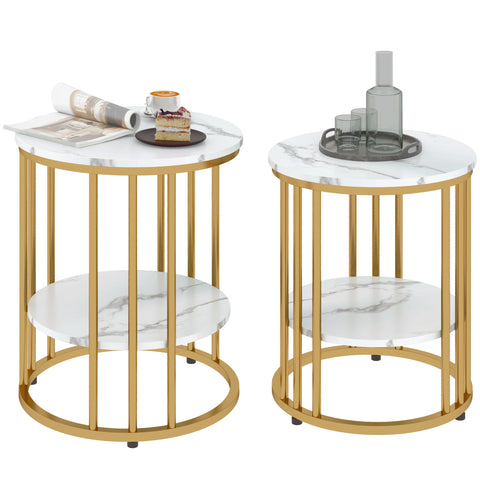 Rootz 2 Piece Set Round Side Table - Coffee Tables - Marble Look - Double Storage Space - Ø45 x 55H cm & Ø40 x 50.5H cm