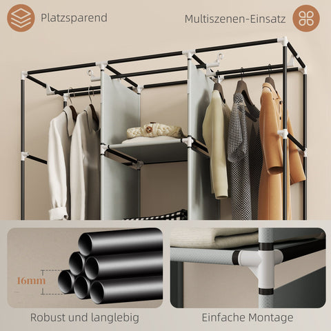 Rootz Fabric Wardrobe - Folding Cabinet - Space-saving Storage - Keeps Clothes Dust-Free - Grey - 125cm x 43cm x 162.5cm