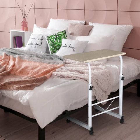 Rootz Side Table - Height-adjustable - Coffee Table - Mobile End Desk With Wheels - Parking Brakes - C-tables - Chipboard - Steel - Iron - Plastic - White - 60 x 40 x 68-78 cm