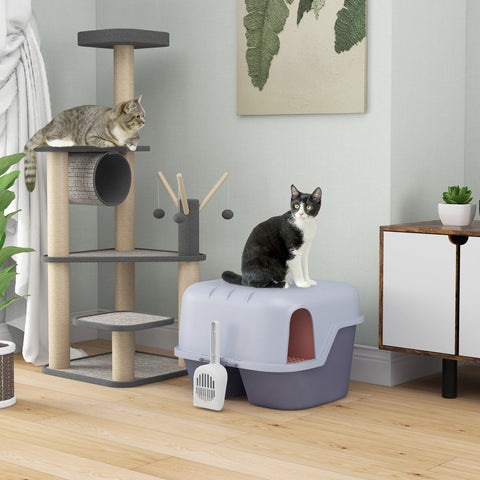 Rootz Cat Litter Box with Lid and Scoop - Pet Litter Pan - Easy Clean Kitty Toilet - 50cm x 50cm x 39cm - Lockable and Stylish Grey