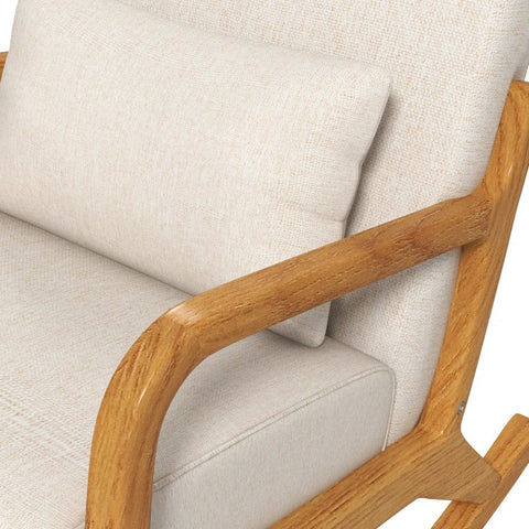 Rootz Rocking Chair - Retro Design - Rubberwood - Imitation Linen - Multi-layer Board - Beige + Brown - 64.5cm x 92cm x 81.5cm